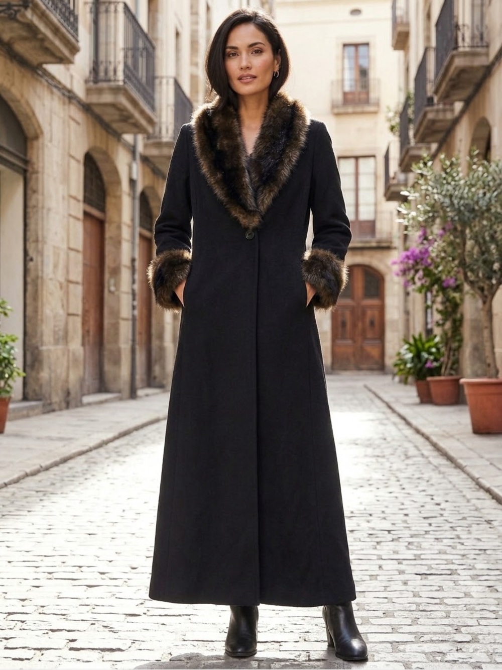 Vintage Alorna Black faux Fur Trim Full Length Trench Lambswool Coat Size 14